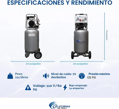 Miniatura 8 de California Air Tools 20020 2.0 HP Compresor de aire ultra silencioso y sin aceite con ruedas, capacidad de tanque de 20 galones, nivel de ruido