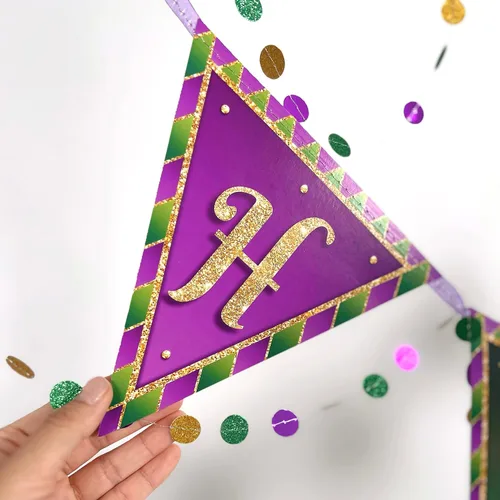 Miniatura 6 de Cheerland Cartel de Feliz Mardi Gras, decoraciones de Mardi Gras, bandera de guirnalda de martes gordos verde, morado, cuentas doradas, banderines