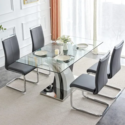 Miniatura 8 de AZmac Juego de mesa de comedor de cristal para 4, juego de mesa de comedor de 63 pulgadas para 4, mesa de cocina moderna y 4 sillas de comedor
