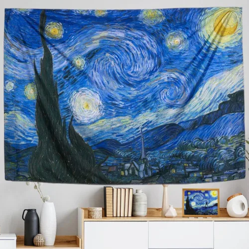 IcosaMro Tapiz de pared con diseño de noche estrellada, V. Gogh Art - Tapices de pared [51 x 60 pulgadas] [dobladillos doblados], mantel de manta de