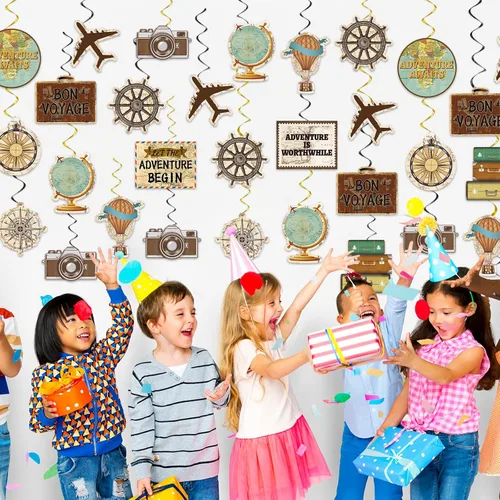 Miniatura 6 de Qyeahkj 84 piezas de decoración de fiesta temática de viaje Bon Voyage espirales colgantes Adventure Awaits Birthday Streamer Banner alrededor