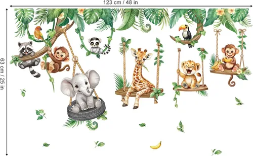 Miniatura 4 de decalmile Pegatinas de pared de animales de la selva en columpios, animales de safari, elefante, jirafa, mono, hojas tropicales, calcomanías