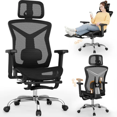 Silla de oficina ergonómica con reposapiés, silla de escritorio cómoda con soporte lumbar ajustable 3D y reposabrazos y reposacabezas, inclinación