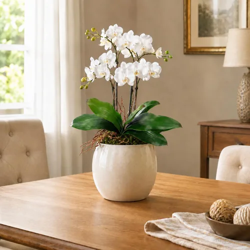 Miniatura 5 de Miracliy Orquídeas falsas, paquete de 3 hojas de orquídeas artificiales, tallos de vegetación sintética para jarrón, estante, escritorio, decoración