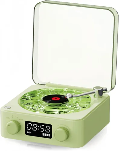Tocadiscos 3 en 1, tocadiscos vintage, altavoz Bluetooth con calidad de sonido estéreo, luz nocturna, pantalla de hora y batería (verde)