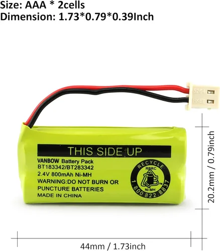 Miniatura 2 de BT183342/BT283342 2.4V 800mAh Ni-MH, compatible con baterías de teléfono inalámbrico AT&T VTech BT166342/BT266342 BT162342/BT262342 CS6709 CS6609
