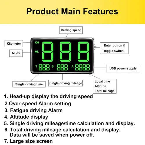 Miniatura 3 de Pantalla universal HUD GPS Head-up Velocímetro digital de velocidad de conducción, alarma de fatiga para automóviles con KM/H y MPH, pantalla grande