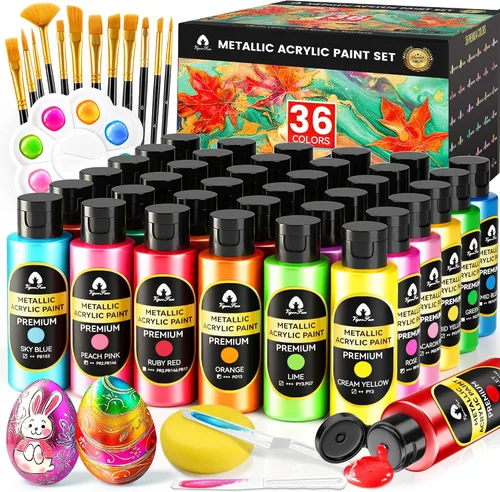 Miniatura 9 de Juego de pintura acrílica iridiscente de 40 piezas con 12 pinceles, 2 cuchillos y paleta, 24 colores (2 onzas/60 ml) - para adultos, artistas
