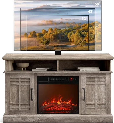 Miniatura 5 de BELLEZE Mueble TV, 48 pulgadas, con chimenea eléctrica funcional de 18 pulgadas, moderno, para TV de máx. 50 pulgadas, estantes abiertos y armarios