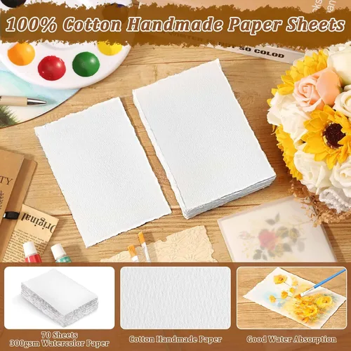 Miniatura 3 de 70 hojas de papel de borde deckled de 4 x 6 pulgadas, hojas de papel texturizado hecho a mano de 300 GSM, papel de acuarela imprimible a granel