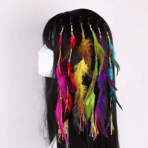 Miniatura 6 de 6 piezas de clip de plumas para el cabello, hecho a mano, bohemio, hippie, clip de plumas, accesorios para el cabello de Halloween, accesorios