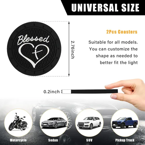 Miniatura 2 de Dickno 2 piezas posavasos para portavasos de automóvil, 2.76 pulgadas, diseño de cruz bendita y corazón, tapete de bebida cristiana de PVC suave