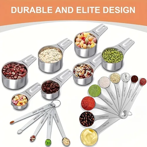 Miniatura 2 de Juego de 21 tazas y cucharas medidoras, incluye 7 tazas medidoras anidables, 9 cucharas medidoras y 5 mini cucharas, juego de medición de metal