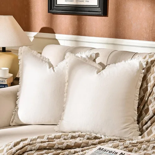 Miniatura 19 de AmHoo Paquete de 2 fundas de almohada de lino con borlas con flecos decorativas rústicas naturales para cojín de sofá, sofá, dormitorio 16 x 16 Beige