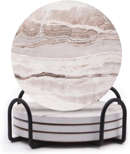 Miniatura 16 de LIFVER Juego de 6 posavasos para bebidas, piedra absorbente con soporte, posavasos de cerámica estilo mármol negro para protección de mesa, amarillo