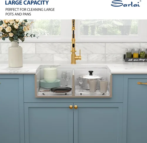 Miniatura 9 de Sarlai Fregadero de cocina de 33 x 18 pulgadas, color blanco, fregadero de cocina de 33 x 18 pulgadas, cuenco doble frontal 50/50 de porcelana