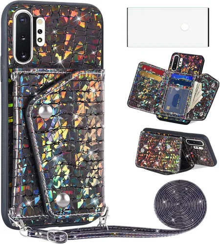 Asuwish Funda de teléfono para Samsung Galaxy Note 10 Plus Note10+ 5G Funda tipo cartera con protector de pantalla y soporte para tarjetas, de piel