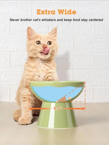 Miniatura 6 de LoeJan Juego de cuencos elevados de comida y agua para gatos, comedero de cerámica extra ancho y elevado, cuenco de alimentación a presión Verde
