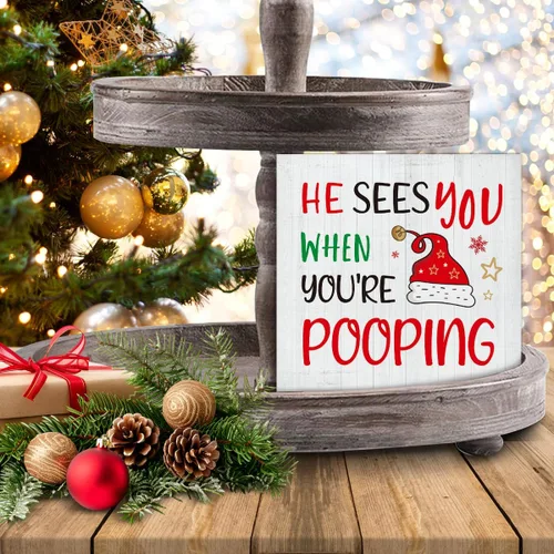 Miniatura 7 de Decoraciones de Baño de Navidad - Decoración Divertida de Navidad, Él Te Ve Cuando Estás Haciendo Popó Letrero de Madera de Baño, Decoración