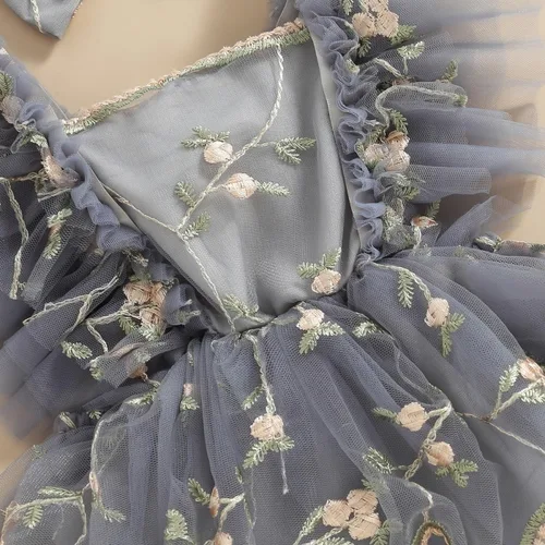 Miniatura 6 de Comoraecos Vestido mameluco de encaje floral para bebé, vestido de princesa con bordado de tutú y mangas para atar, sin espalda, vestido de princesa