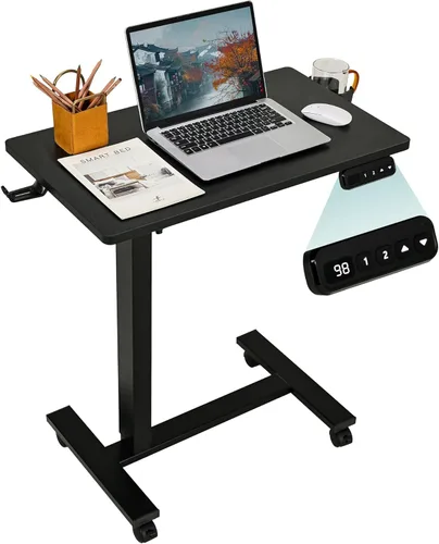 Mesa eléctrica para colocar sobre la cama con ruedas, altura ajustable, mesa auxiliar reclinable, en forma de C, pequeño escritorio para computadora