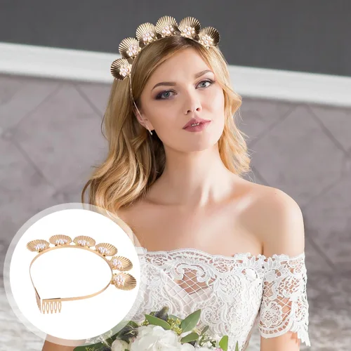 Miniatura 6 de minkissy Diadema de concha de perlas doradas, accesorio para el cabello para mujeres y niñas, vacaciones, boda, fiesta, cosplay, ligero y decorativo