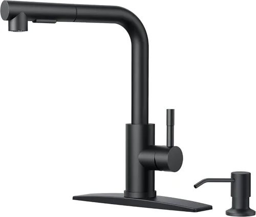 Miniatura 13 de FORIOUS Grifo de cocina negro con rociador desplegable, grifo clásico de acero inoxidable de una sola manija con salida extraíble para fregadero