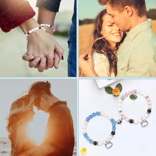 Miniatura 111 de 2 pulseras magnéticas para parejas, piedra natural negra mate, cristal para votos de amor eterno, juego de pulseras de cuentas de piedra de energía