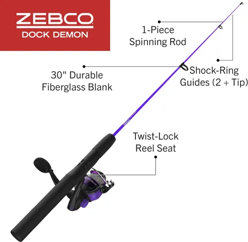 Miniatura 2 de Zebco Dock Demon - Carrete giratorio y caña de pescar, caña de fibra de vidrio duradera de 30 pulgadas, carrete de pesca anti-reversa QuickSet