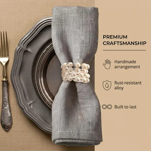 Miniatura 4 de Decozen Juego de 4 servilleteros blancos con diseño de perlas, festivo, decoración de mesa para vacaciones, bodas, cumpleaños, cocina, decoración