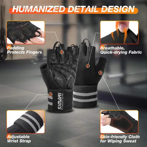 Miniatura 5 de SIMARI Guantes de gimnasio de entrenamiento para hombres y mujeres, guantes de levantamiento de pesas con soporte para muñeca, agarre de almohadilla
