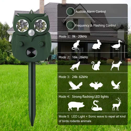 Miniatura 8 de Repelente de animales para exteriores, alimentado por energía solar, ultrasónico, ciervo, ardilla, conejo, roedor, disuasorio de perros, repelente