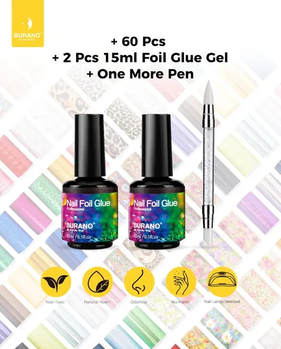 Miniatura 6 de BURANO Gel de pegamento para arte de uñas, 0.5 onzas líquidas, 2 botellas con 60 calcomanías de láminas, diseño de uñas, arte de transferencia