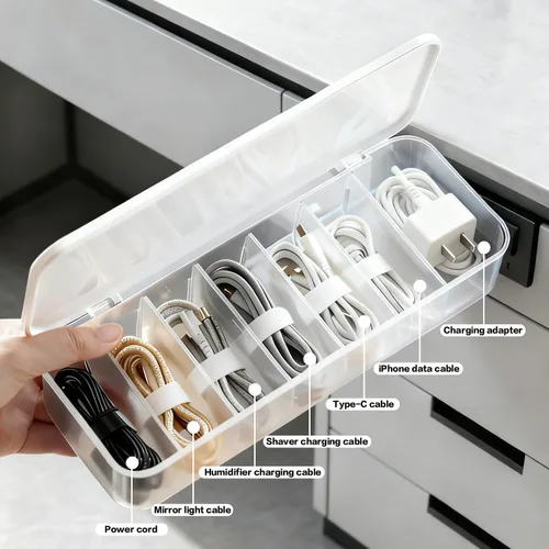 Miniatura 4 de Caja organizadora de cables con 7 bridas para cables, paquete de 2 cajas de almacenamiento de gestión de cables de escritorio con tapa, 7