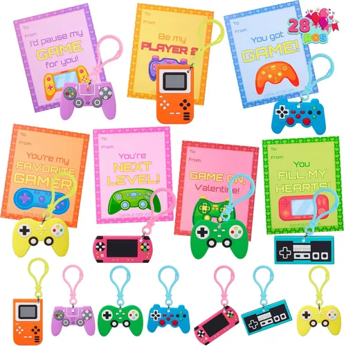 JOYIN 28 tarjetas de regalo para el día de San Valentín con llaveros de videojuegos, llaveros y tarjetas multicolor con 7 diseños, bolsas de regalo