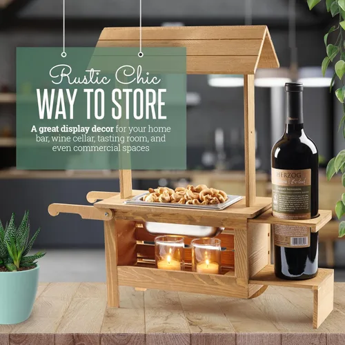 Miniatura 7 de Soporte para botellas de vino con bandeja para servir aperitivos, carrito de madera de mesa para dulces y calentador de nueces con capacidad para 1