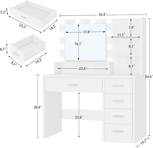 Miniatura 7 de FIONESO Escritorio grande con espejo y luces, tocador de maquillaje con 11 cajones y 6 estantes abiertos, 3 modos de iluminación, brillo ajustable