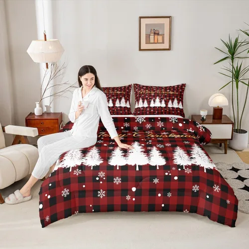 Miniatura 20 de Juego de edredón de Feliz Navidad para niños, tamaño twin, juego de ropa de cama de camión rojo árboles de pino copos de nieve, decoración