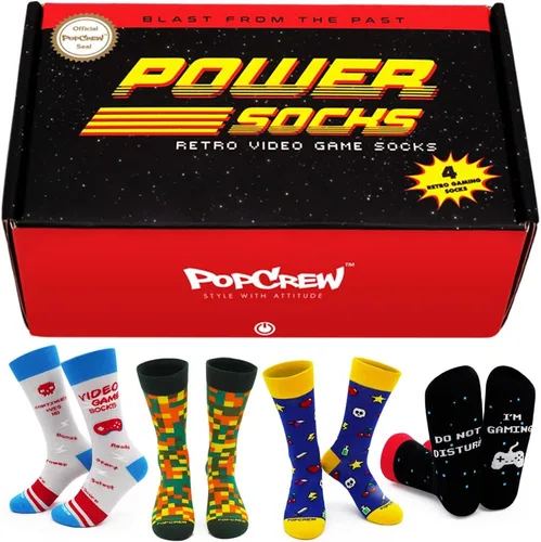 PopCrew Power Socks Calcetines retro de videojuegos Divertidos calcetines de vestir novedosos para juegos, regalo para hombres y mujeres, unisex
