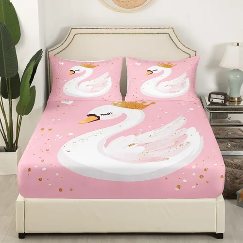 Miniatura 3 de Erosebridal Juego de sábanas de dibujos animados Sweet Princess Swan, sábana bajera ajustable tamaño individual para niños y adolescentes, sábana