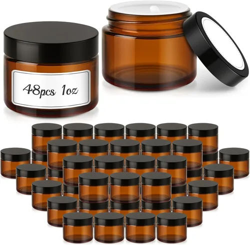 Bumobum - Tarros de vidrio de 1 onza con tapas, paquete de 48 tarros de crema ámbar con tapas negras, etiquetas blancas y negras y revestimientos