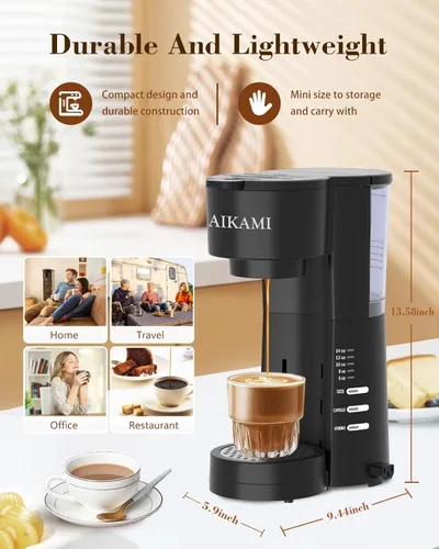 Miniatura 7 de Cafetera de una sola porción 4 en 1 con espumador de leche y molinillo de café, cafetera para taza K y café molido, con depósito de agua extraíble