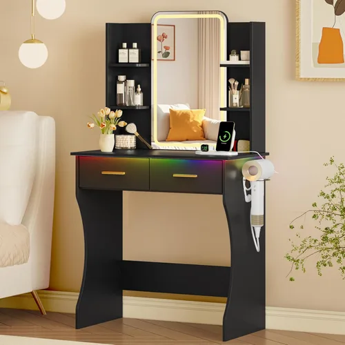 Escritorio de tocador con espejo de luces LED y toma de corriente, pequeño juego de mesa de tocador de maquillaje con cajones de almacenamiento, 3