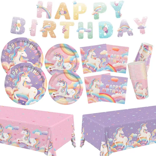 Kit de suministros de fiesta de cumpleaños para 24 invitados, para decoraciones de cumpleaños de unicornio, incluye platos de cena y postre,