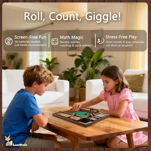Miniatura 5 de Shut The Box Game Tablero de madera (13.78 pulgadas) para 1-4 jugadores, juegos de dados familiares para adultos con 12 dados, aprendizaje educativo