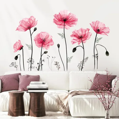 decalmile Calcomanías de pared grandes con flores de amapola rosa, calcomanías de pared de flores florales para dormitorio, sala de estar, fondo de