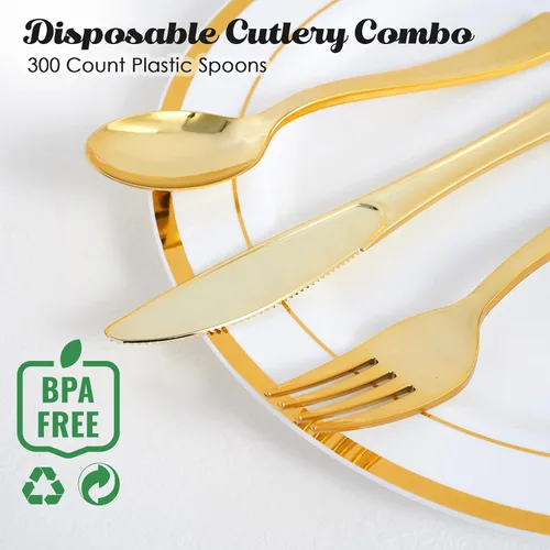 Miniatura 7 de FOCUSLINE Paquete de 300 cucharas desechables de plástico dorado de 6.8 pulgadas, cucharas de plástico sólido y duradero, cubiertos desechables