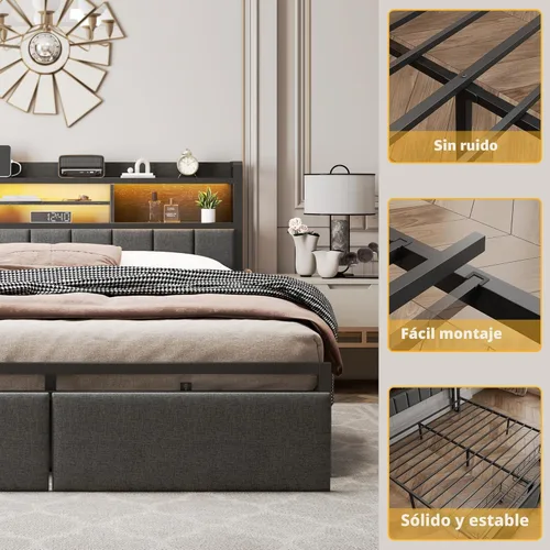 Miniatura 8 de Furnulem Base de cama King con cabecero de madera y cajones de almacenamiento, marcos de cama de plataforma de metal tamaño King con luces LED
