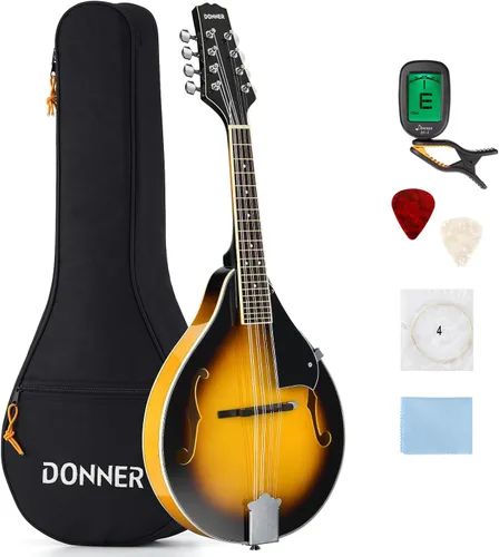 Miniatura 8 de Donner - Mandolina estilo A en negro para principiantes, adulto, instrumento musical acústico de 8 cuerdas, paquete con afinador, cuerdas, bolsa
