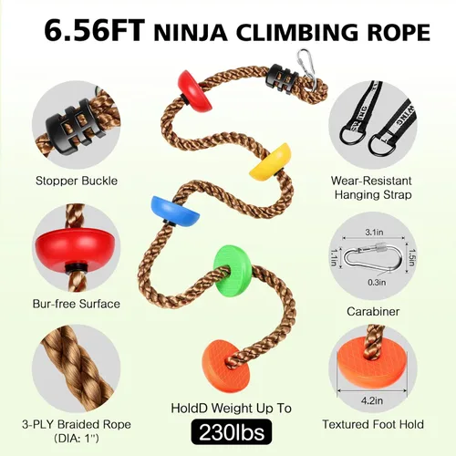 Miniatura 3 de 12 soportes de escalada de árboles ninja y cuerda de escalada de 6.56 pies para niños, kit de escalada de árboles para entrenamiento de carrera